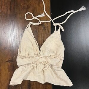 Flawless Women‎ Cream Gauze Smocked Halter Crop Top M